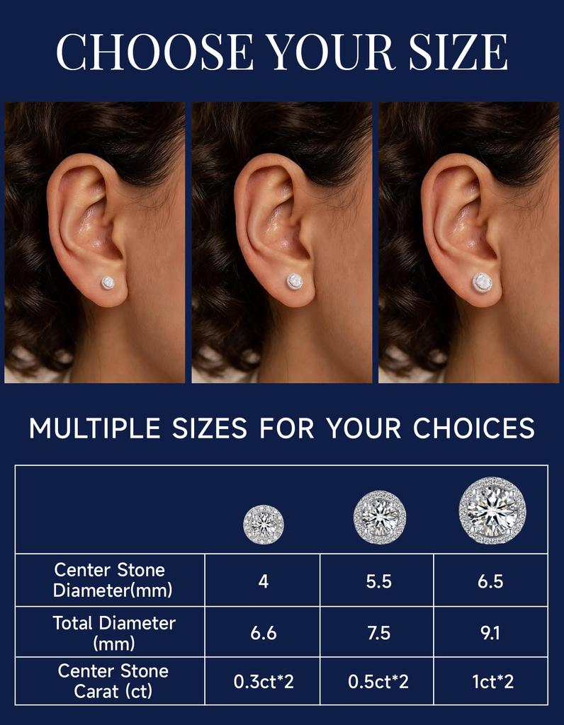 MomentWish Moissanite Earrings for Women and Men, 0.6-2ct D Color, Sterling Silver 925, Hypoallergenic, Unisex, Diamond Earrings, Popular Gift