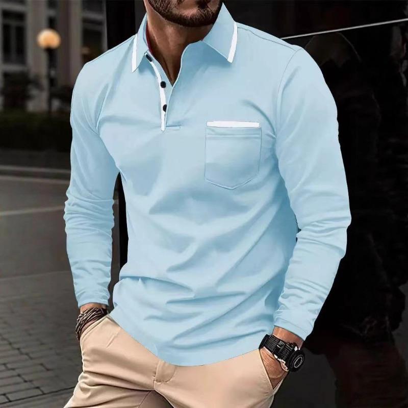 Men's Spring and Autumn Daily Casual Splicing Pocket Solid Color Lapel Long-sleeved Large Size Polo Shirt for Men