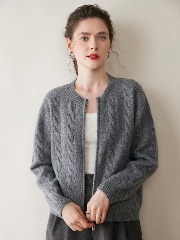 Women's Thick Cable Knit Cashmere Cardigan - Round Neck Zipper Sweater for Autumn/Winter