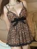 European Leopard Print Lace-Up Camisole with Bow Tie, Lace Trim, and V-Neck Slim Fit.
