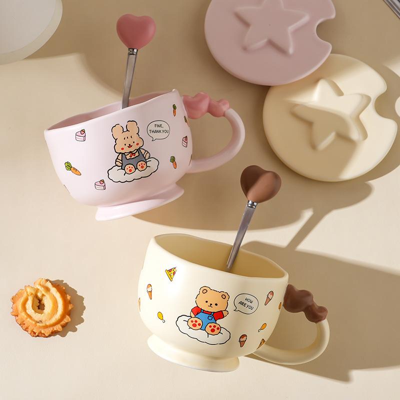 Ceramic Water Cup with Lid Spoon and Afternoon Tea Cup with High Appearance Mug Cartoon Ceramic Cup Cute Cup