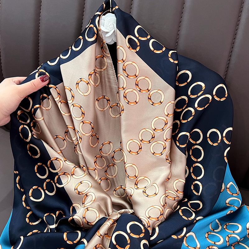 Металлическое кольцо в стиле легкой роскоши, синий большой длинный шарф, высококачественный солнцезащитный удлиненный шелковый шарф с принтом, длинный шелковый шарф из искусственного шелка 180cm