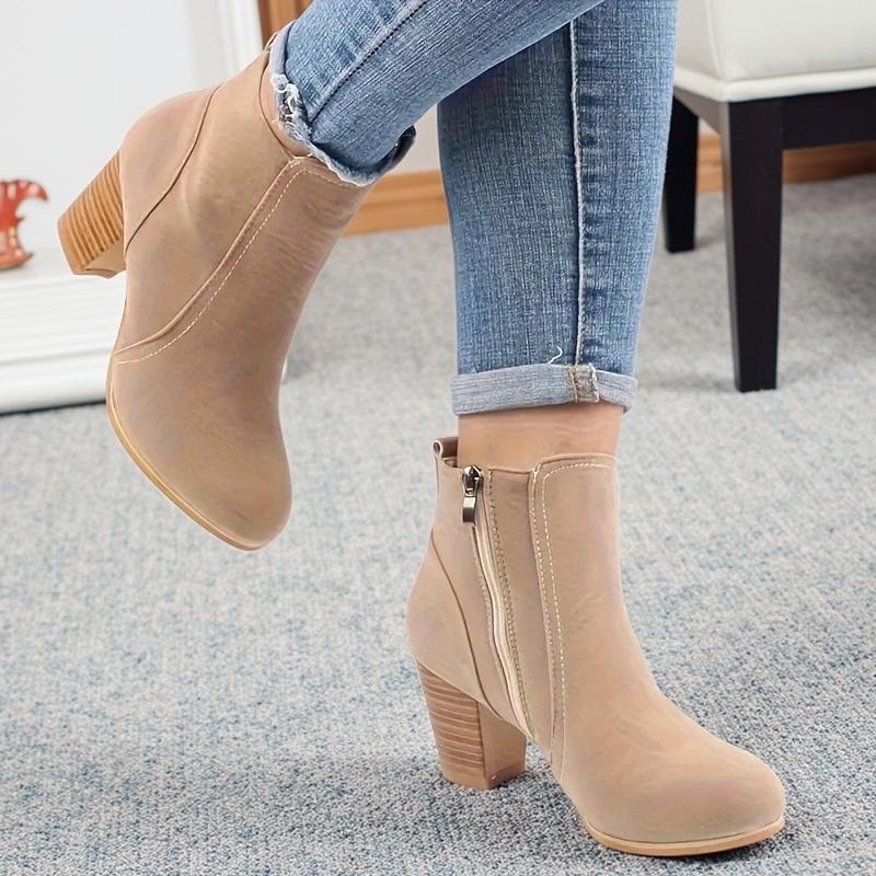 Women'S Chunky Heel Ankle Boots with Side Zipper - Round Toe Faux Cover, Beige, 7cm Platform Height, Comfortable Fabric Lining for Casual