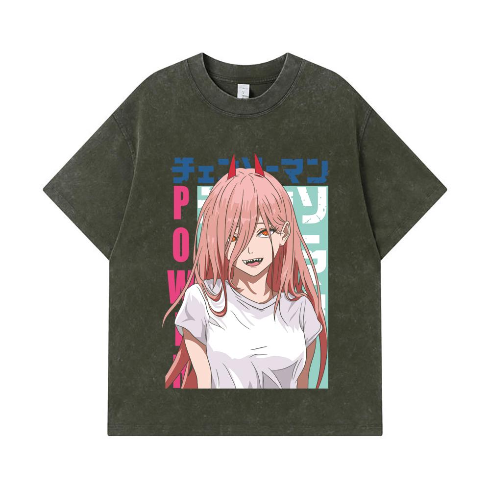 275 GSM Washed T-shirts 100% Cotton Chainsaw Man V50 Power Print Unisex Heavy Cotton T Shirt S