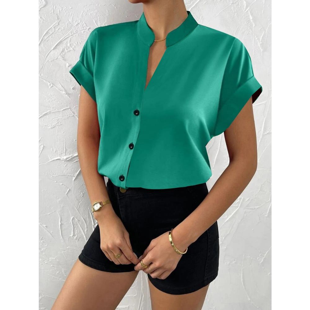 JPNTKY Moda feminina casual verão cor sólida estampa manga curta blusas e camisas com decote em v