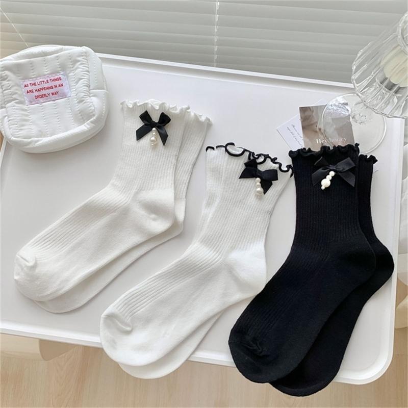 Fashion Harajuku Middle Tube Frilly Socks Women Girls School Student Cute Pearls Bowknot Ruffke Trim Cotton Ankle Socks