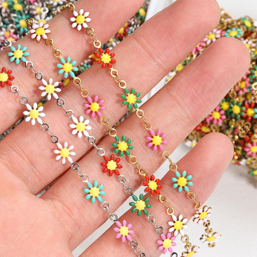 1Meter 7mm Stainless Steel Chain Enamel Daisy Flower KC Gold Color Beaded Chains for DIY Jewelry Making Necklace Bracelet
