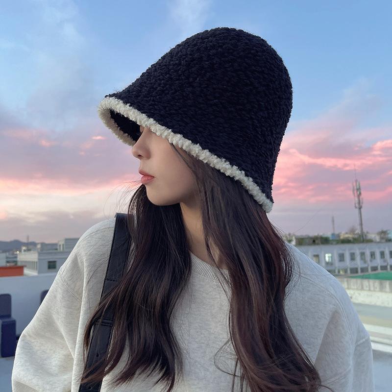 

Вязаная шапка-рыбачка для женщин на осень и зиму, контрастного цвета, из овечьей шерсти, шляпа-ведро, подчеркивающая лицо, маленькая, модная, универсальная, теплая шляпа-панама One Size