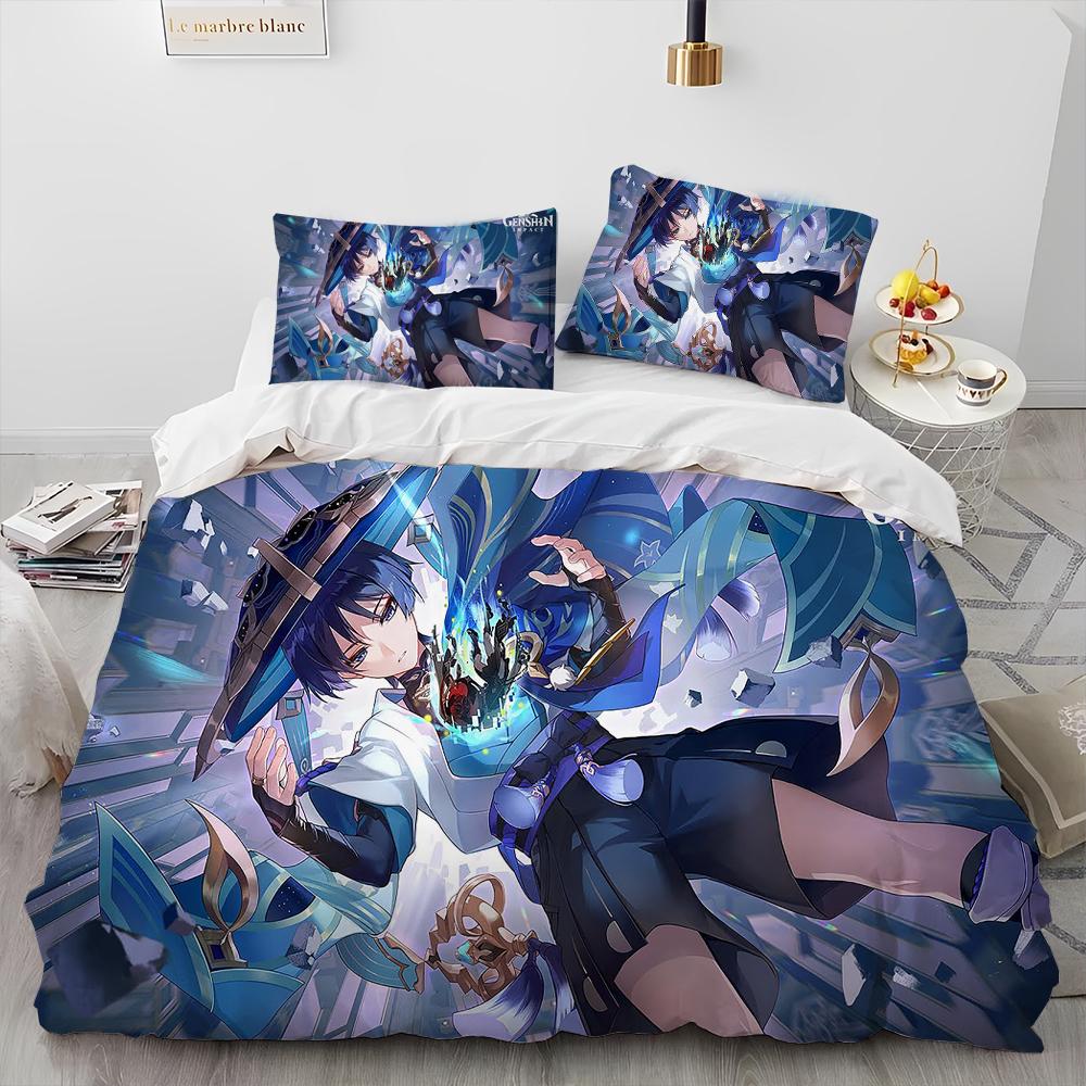 Genshin Impact Game Gamer Cartoon Comforter Bedding Set,Duvet Cover Bed Set Quilt Cover Pillowcase,king Queen Size Bedding Set