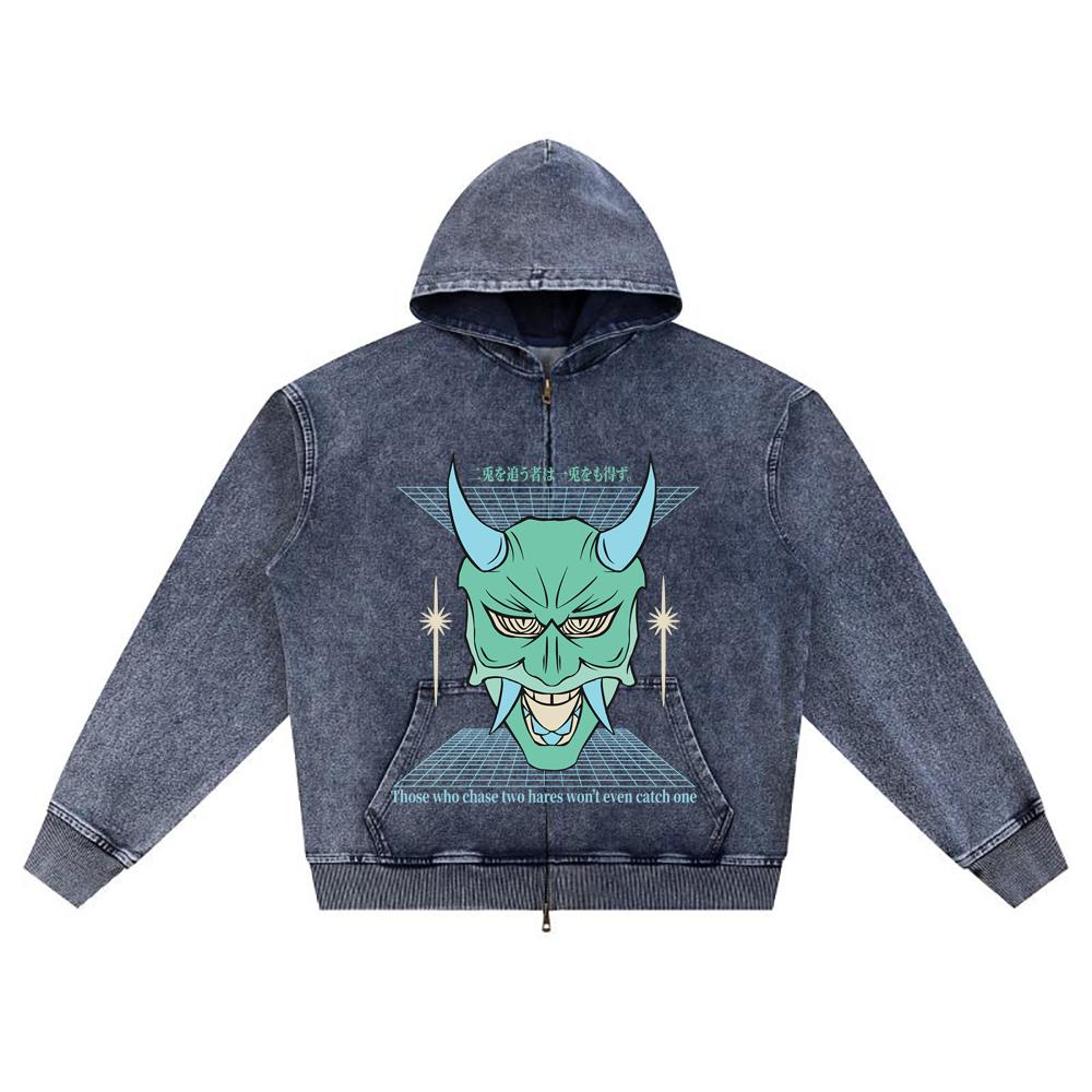 DTG Print Knitted Denim Zip-Up Hoodie Anime Streetwear 33 Brother Print Zipper Hoodies