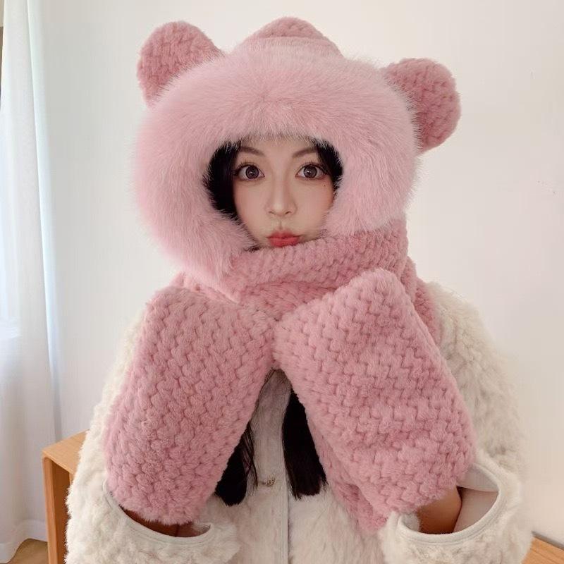 Cute capybara hat scarf gloves integrated women's winter windproof warm plush three-piece hat
