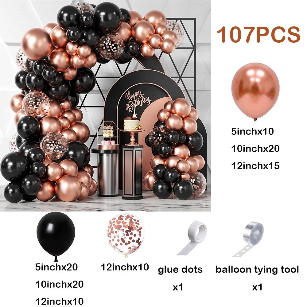 107Pcs Black Rose Gold Balloons Garland Arch Kit Wedding Decor Metal Rose Gold Chrome Balloons Birthday Party Decorations Globos