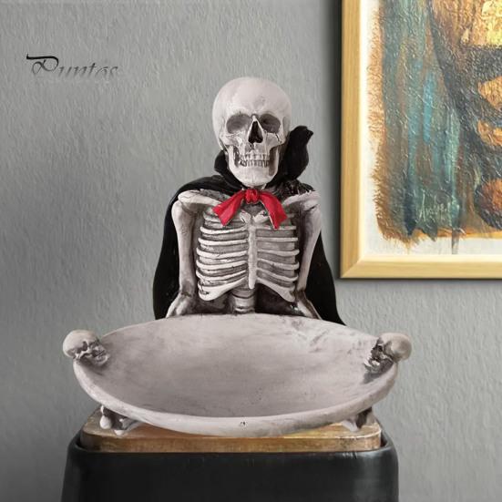 Dark Aesthetic Ornament Halloween Skeleton Decorative Tray, Gothic Storage Tray with Black Cape Red Figurine Bow, Multifunctional Desktop Organizer