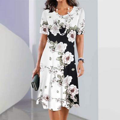 Elegant Short Sleeve Dress Women Clothes Flower Print O-neck Loose Streetwear Summer Dress