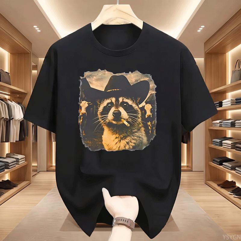 Funny Cowboy Raccoon Unisex Unisex Tshirt Animal Meme Graphic Tee Vintage Comfortable Short Sleeve Loose Tees Streetwear Tops
