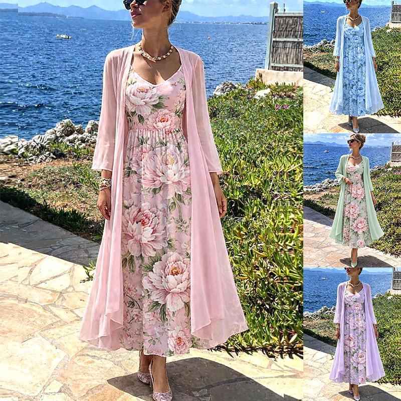 Women's V Neck Floral Print Maxi Dress Two Piece 3/4 Sleeve Chiffon Cardigan Elegant Casual Sundress Outfit Set