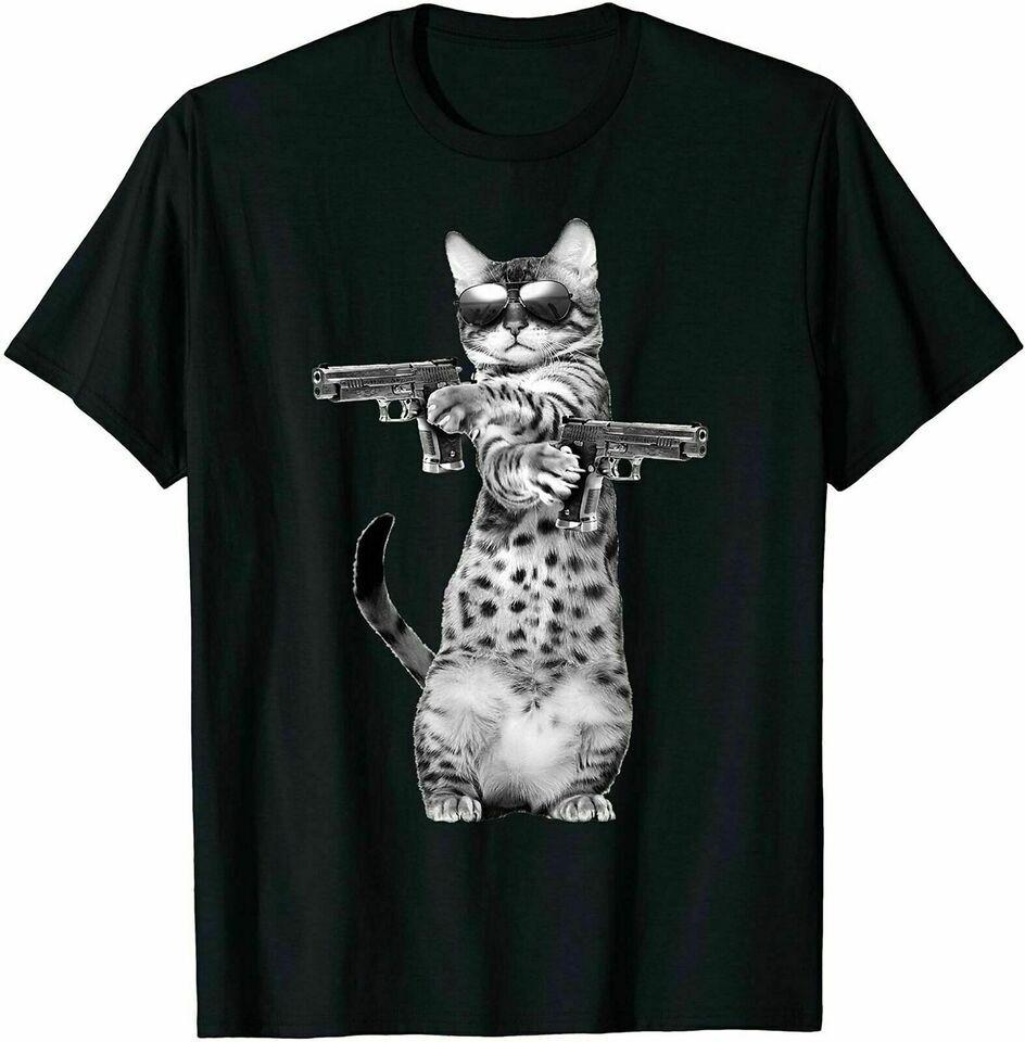 New Kitty With Gun Funny Cat Vintage Funny T-shirt USA Tee Size S5XL XXXXL