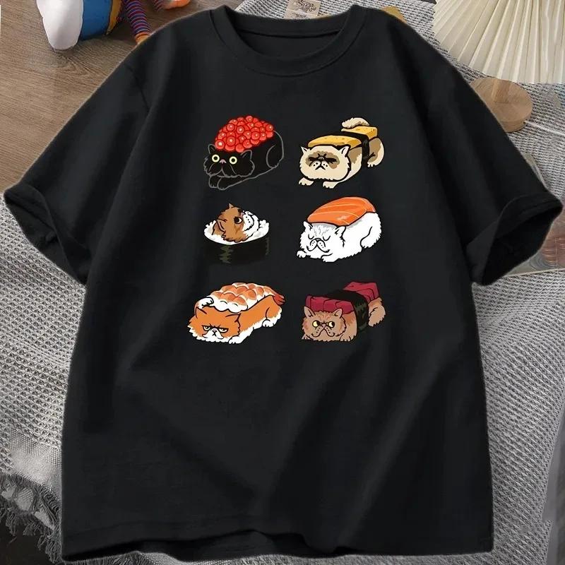 T-shirt Kawaii Chat Mignon Sushi Femme Y2k T-shirt Été Manches Courtes T-shirt Impression Cartoon T-shirts Vêtements Femme