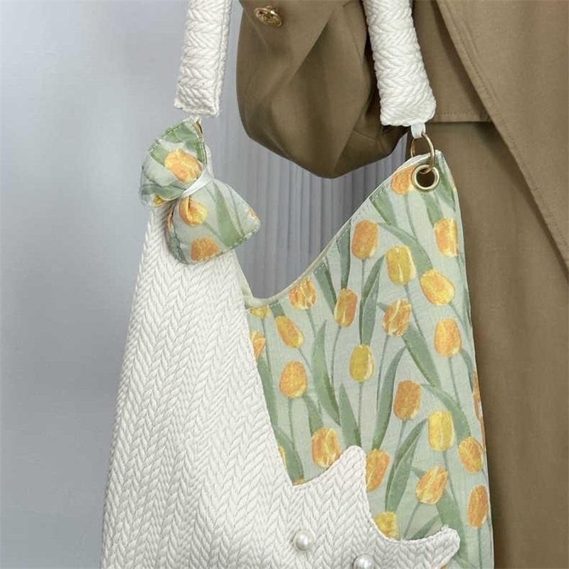Large Space Cute Tulip Cat Pattern Underarm Shoulder Bag Unique Niche Fresh Aesthetic Women Daily Single Tote Purse