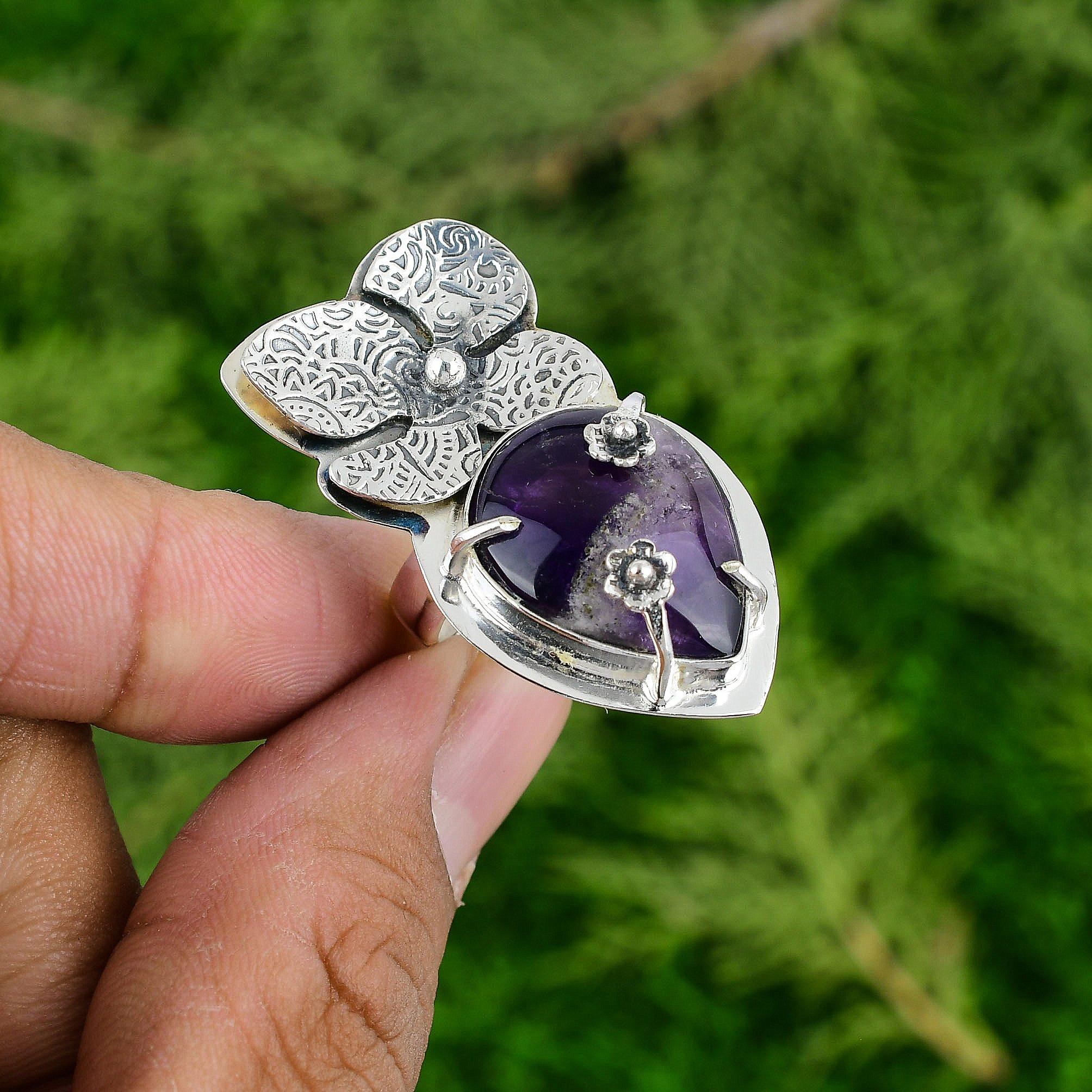 

Распродажа в честь Дня благодарения Кольцо с цветком из камня аметиста шеврон 925 стерлинговое серебро Adjustable