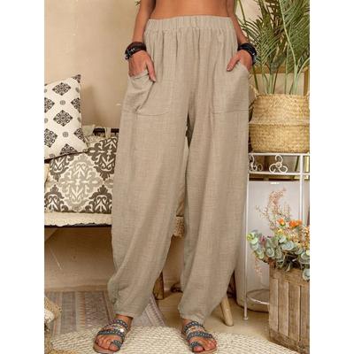 Pantaloni din bumbac pentru femei, vară, ocazional, cu buzunare vintage, pantaloni subțiri de plajă, talie elastică, cu picior lat, pantaloni harem retro largi