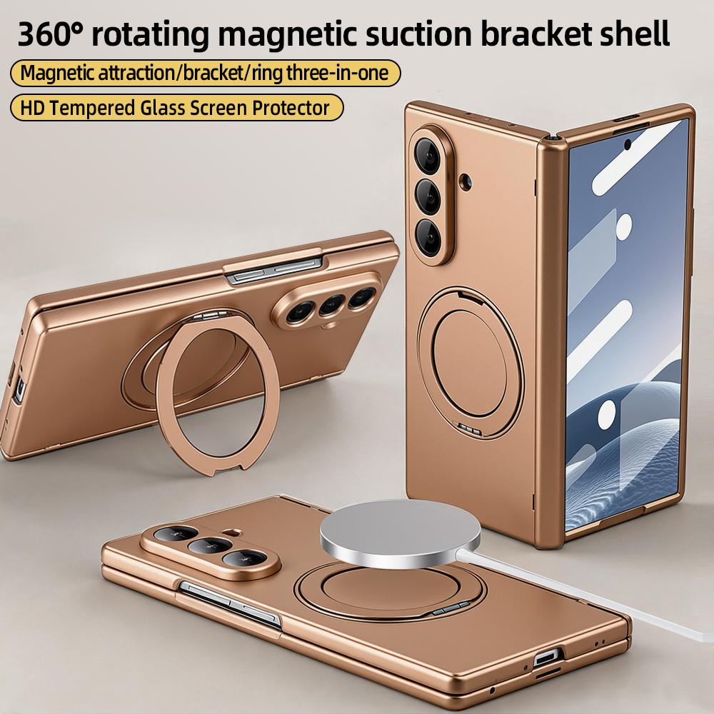 For Galaxy Z Fold 8 Ultra /7/6/5 Full Back PC Anti-finger Phone Case with 360° Alloy Kickstand Magnetic Holder And Glass Film