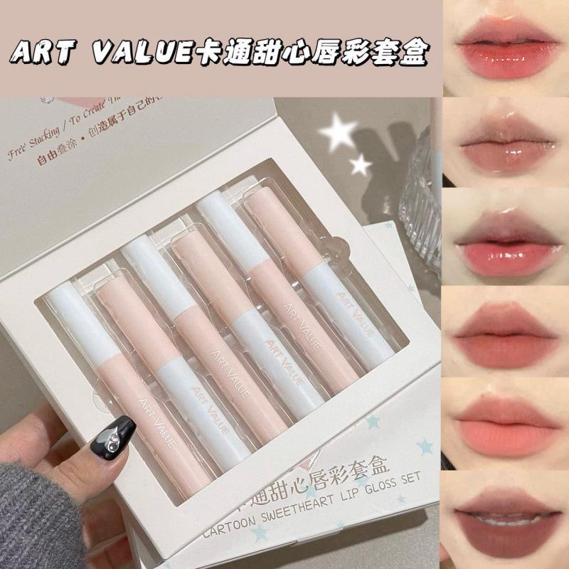 Art Value Cartoon Sweetheart Lip Gloss Set, Pink Silky Lip Glaze, White Easy Coloring Lipstick Set
