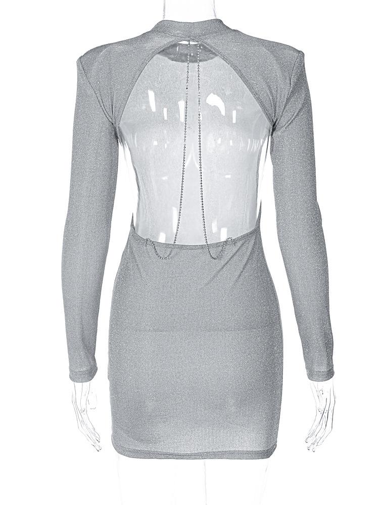 Women, Spring Autumn, Sexy, Backless, Chain, Glitter, Party, Elegant, Outfits, Long Sleeve, Mini Dress