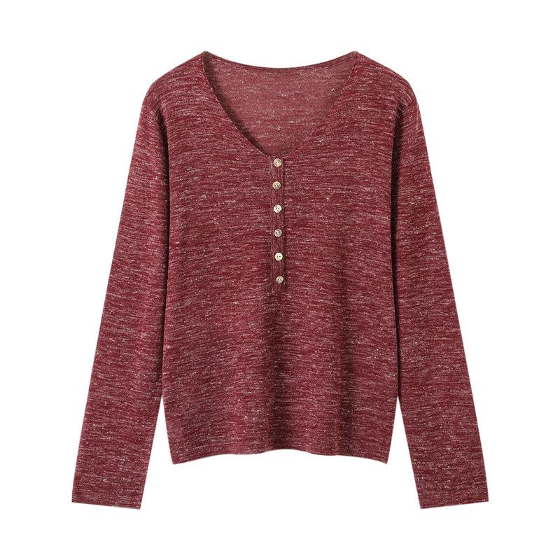 

Amber Shimmer Women s V-Neck Linen Knit Pullover Long Sleeve Loose T-Shirt Large