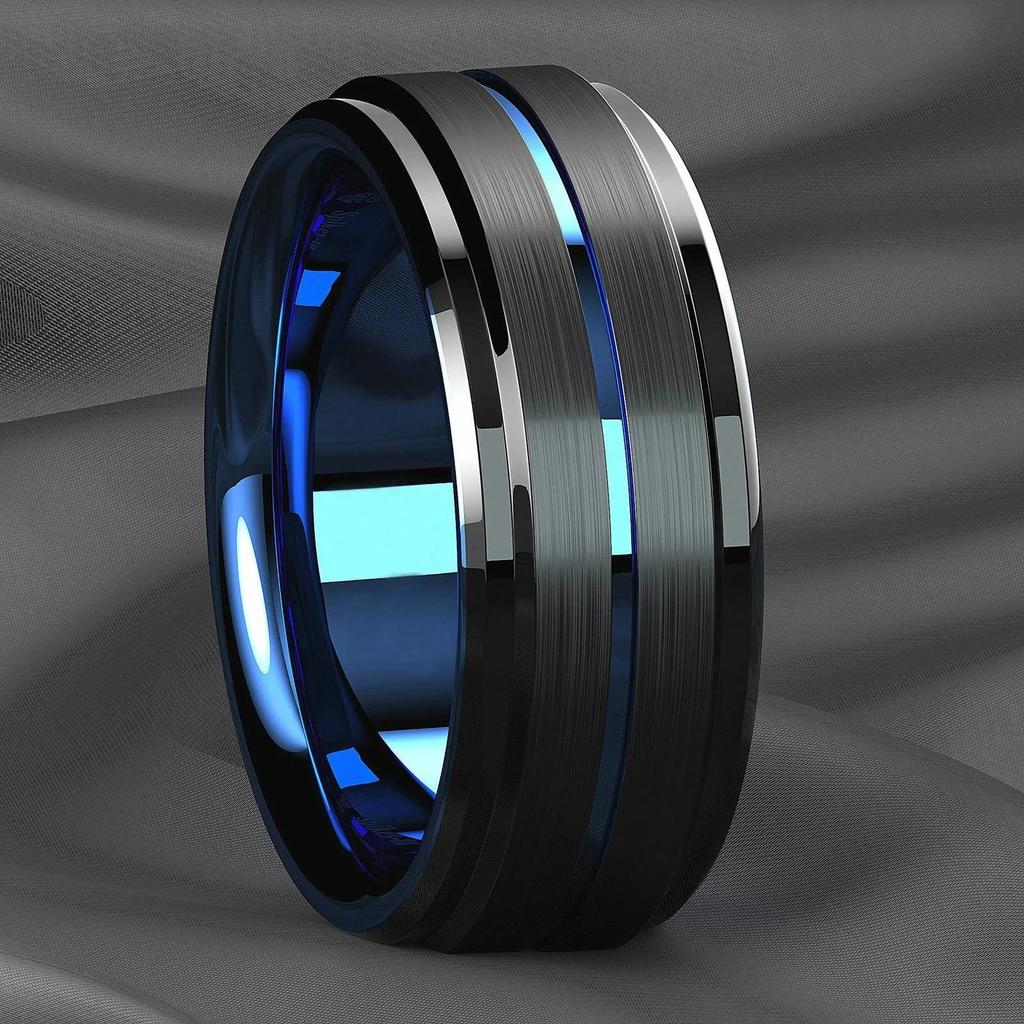 Fashion 8mm Stainless Steel Rings For Men Women Blue Groove Step Edge Black Brushed Engagement Rings Wedding Anniversary