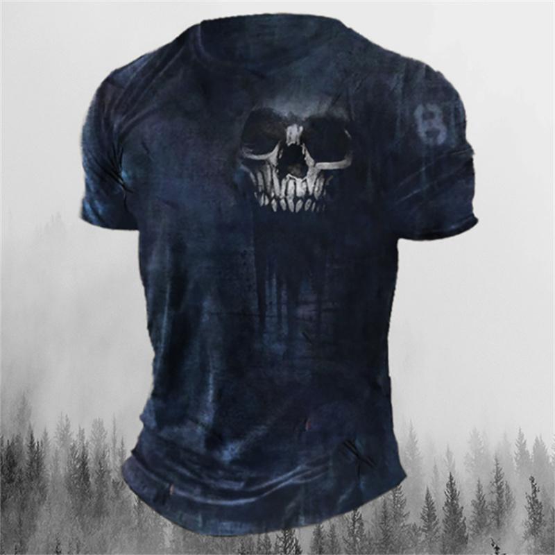 Men's Retro Skull Pattern T-shirt Horror Print Men Tops Hip-hop Rock Street Outfit O-neck Short Sleeved T-shirt Oversized Tshirt