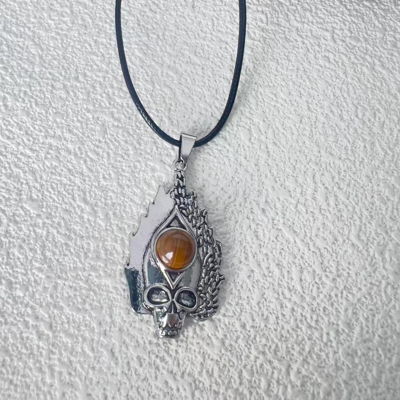 European & American Titanium Steel Flame Skull Pendant with Amethyst - Halloween Retro Jewelry Gift with Black Leather Cord