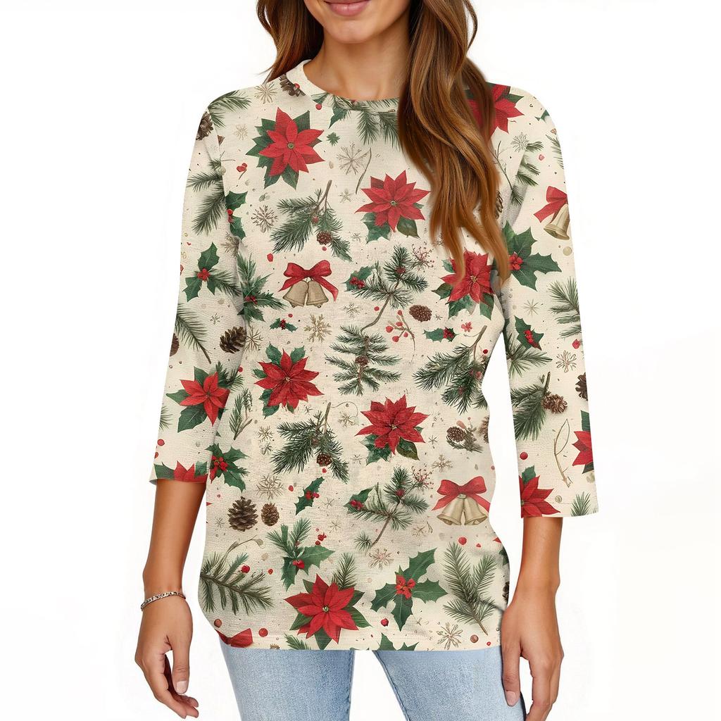 Damen T-Shirt mit Weihnachtsdruck, 3/4-Ärmel, für den Alltag, Wochenendmode, Basic, Rundhalsausschnitt, normales Oberteil