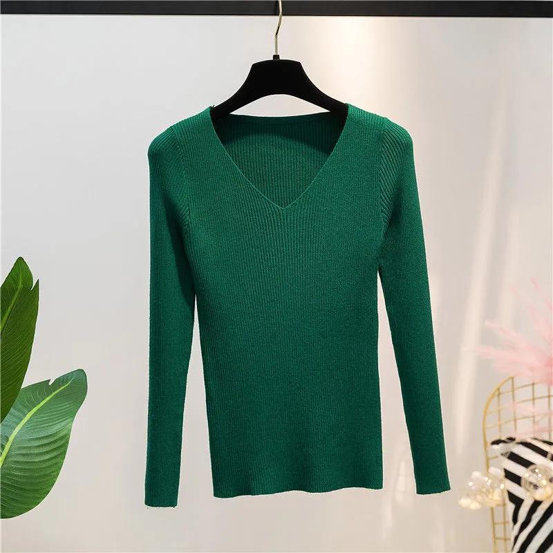 

Women Sweater Autumn Long Sleeve Pullover Basic Top Fashion V-neck Elastic Female Winter Solid Knitted Jumper Sweater XS темно-зелений колір