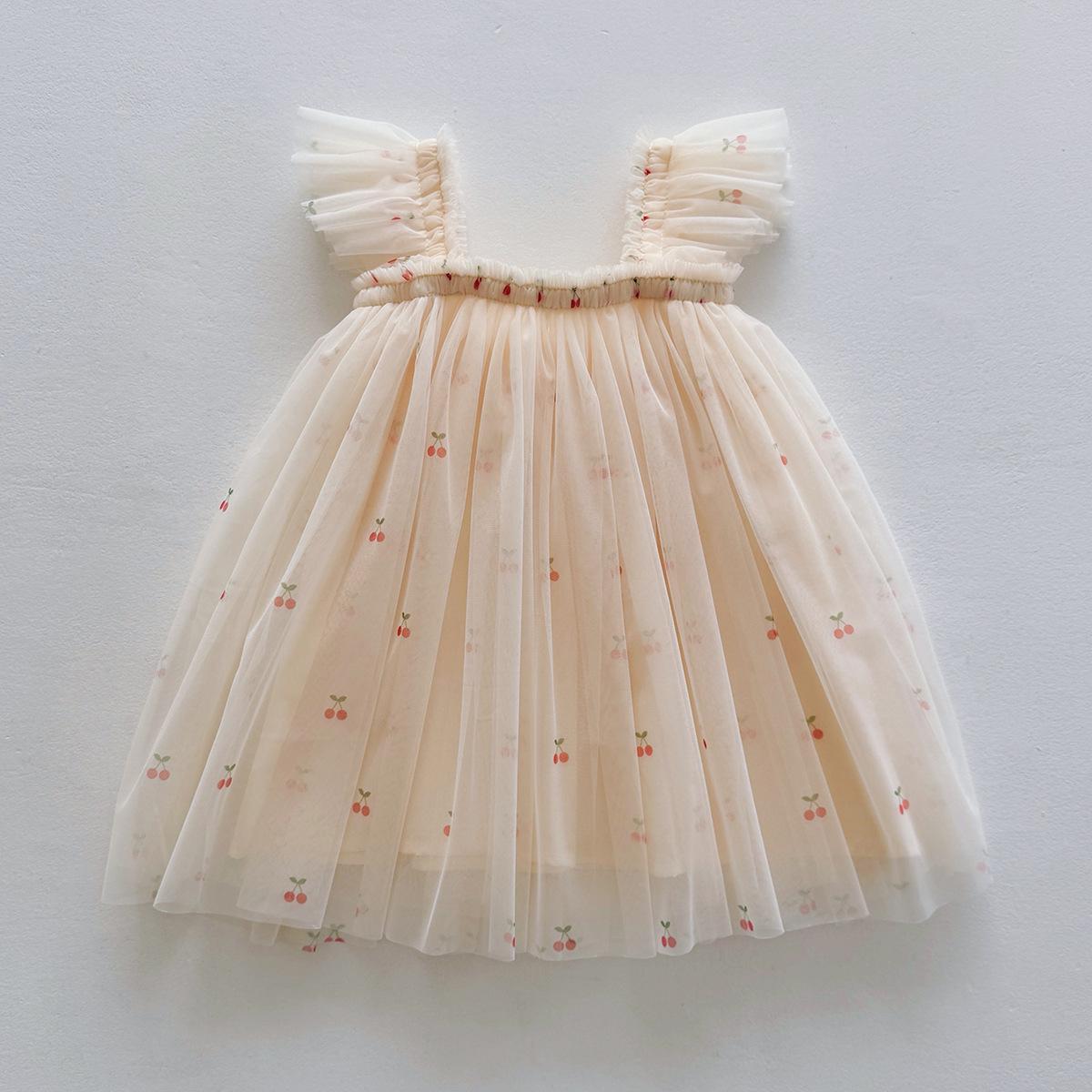 Little Cherry Print Mesh Dress: Summer 2025 Puff Sleeve Princess Dress for Baby Girls 130 cm