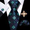 Pearl Brooch with Silk Tie for Men Vintage Floral Teal Necktie Hanky Cufflinks Gift Formal Set