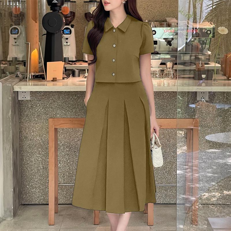 

ZANZEA Женские блузки с коротким рукавом и юбки Летние комплекты из двух частей 5XL хаки