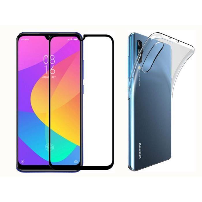 Couverture Complète Verre Trempé pour Xiaomi Mi A3,Noir + Verre trempé Protection écran, Souple Etui Transparente Silicone