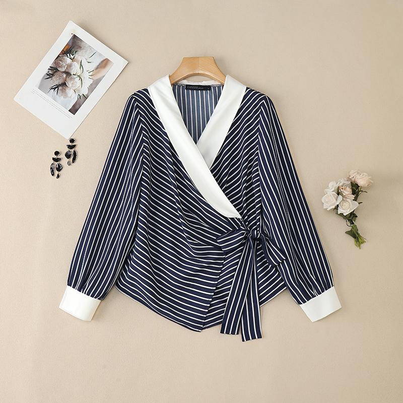 

ZANZEA Женская повседневная блузка с V-образным вырезом, длинными рукавами, полосатым принтом и шнуровкой 3XL тёмно-синий