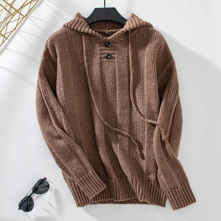 Vintage Hooded Pullover Sweater Solid Color V-Neck Knitwear Top Loose Long Sleeve Autumn Winter