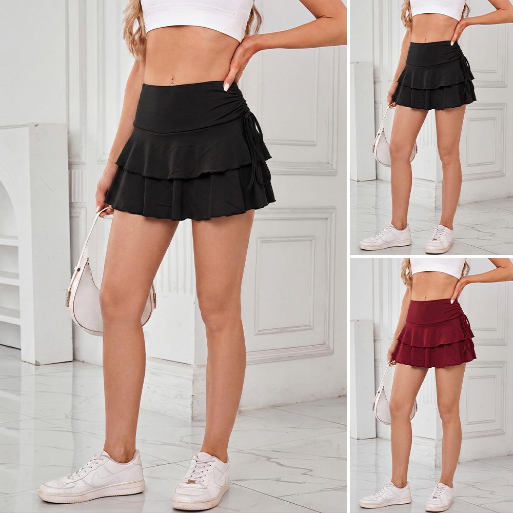 Women High Waist Drawstring Ruffle Skirt Layered Cake Mini Skirt High Stretch Sports Yoga Athletic Tennis Skort Summer Casual Skirt