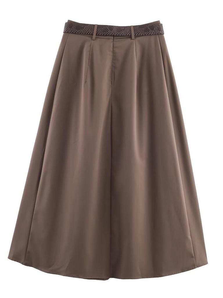 Autumn 2025 Women's Pleated Cloak Midi Skirt with Belt
