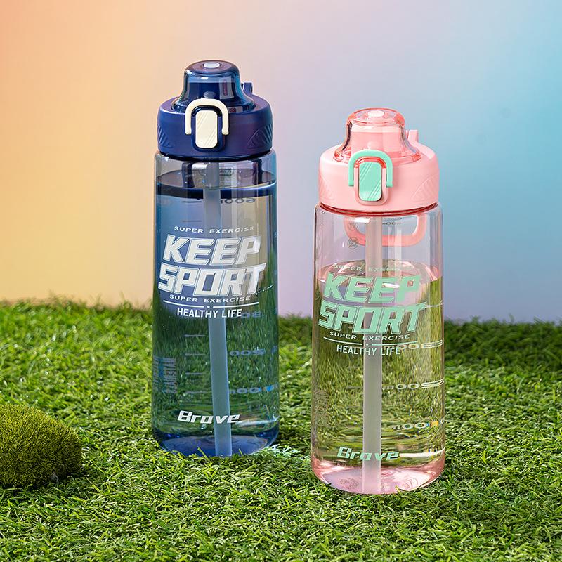 Water bottle, sports water cup, large capacity, men's summer portable student PC plastic straw cup, dual-drinking sleeve, water bottle