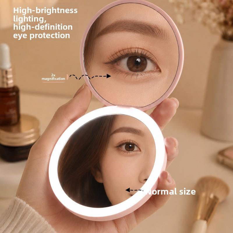 Portable LED Compact Makeup Mirror USB Rechargeable 2X Magnifying Double Sided Travel Cosmetic Mirror