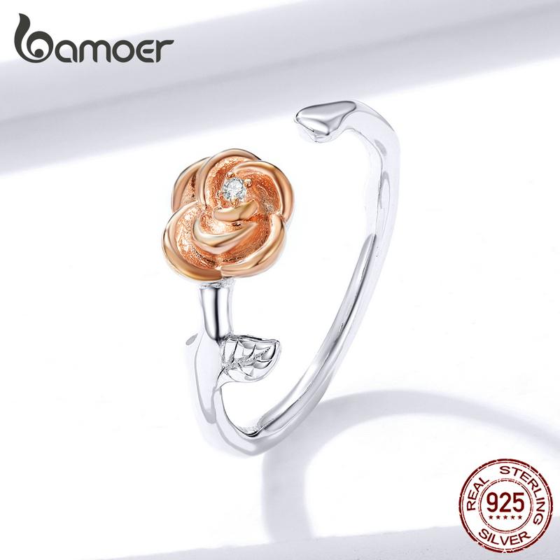 Buy BAMOER Rose Gold Flower Rings Real 925 Sterling Silver Adjusetable