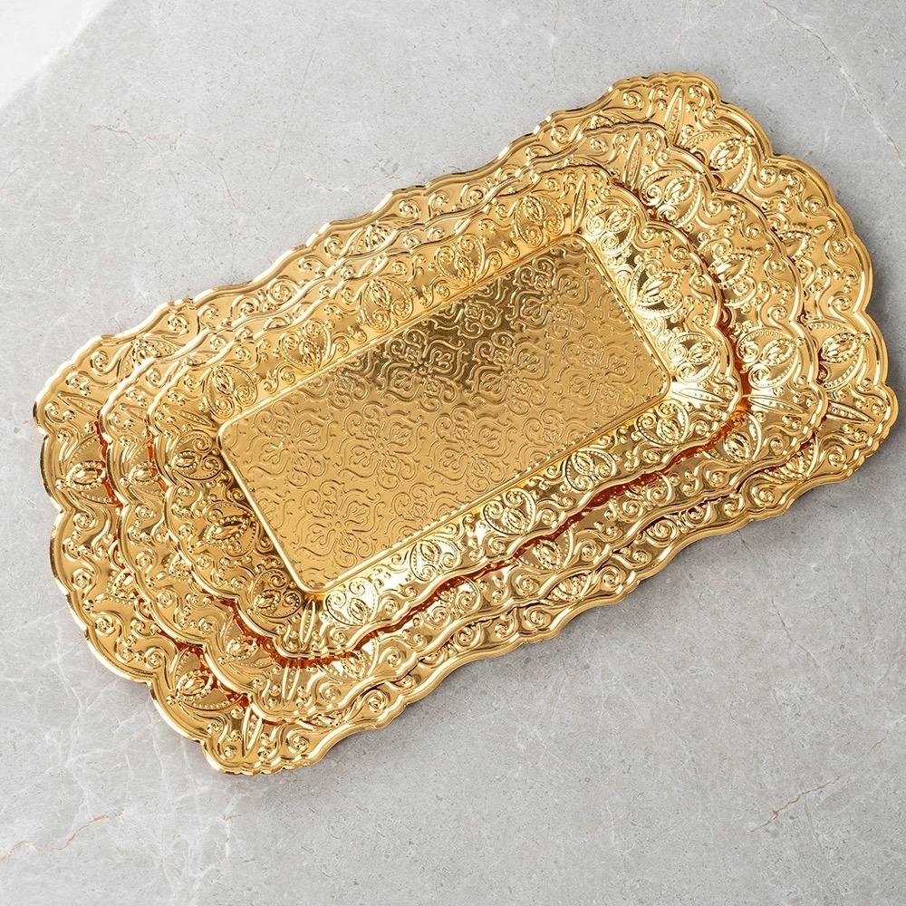 Rectangle-Carved Design Metal Cake Tray With Exquisite Plate Engraving Flower Golden Food Fruit Tray For Home Wedding Decoration