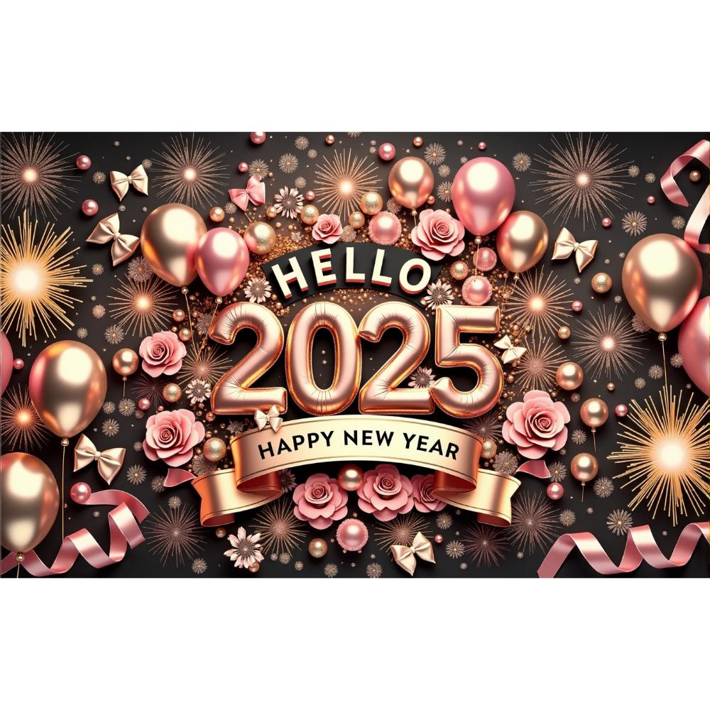 2025 Happy New Year Pink Rose Flower Theme Party Background Balloons Family Party Banner Decoration Photography Background