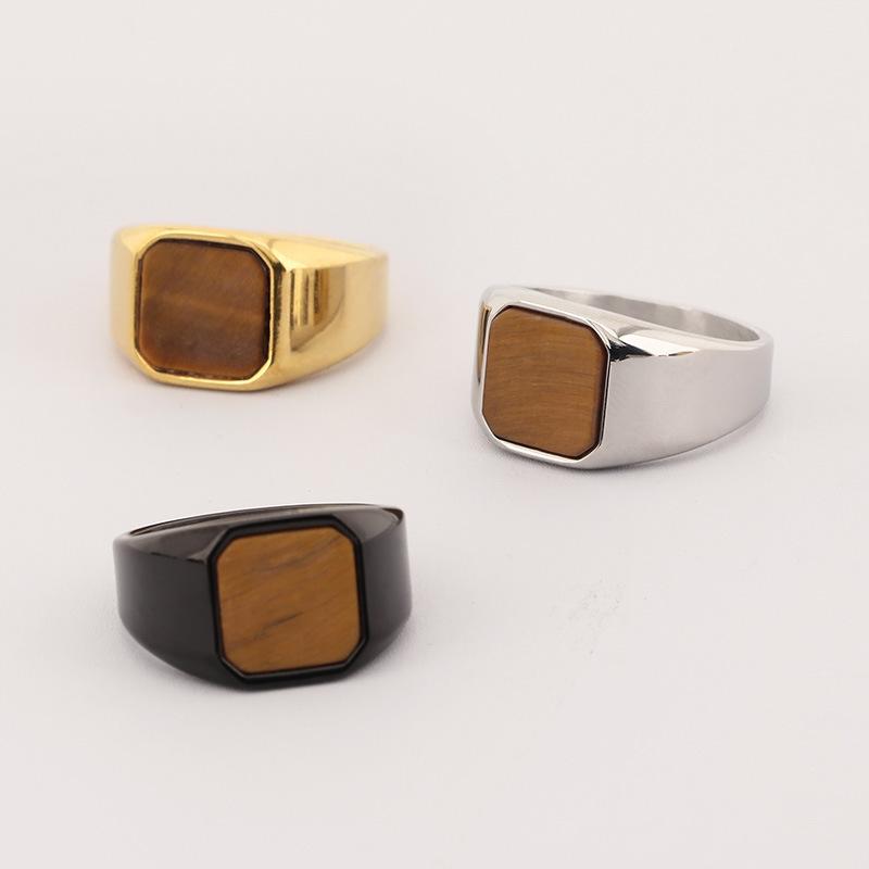 Bold Vintage Amber Stone Men's Ring Black Onyx Stainless Steel Square Hip-Hop Jewelry Gothic Punk Biker Accessory