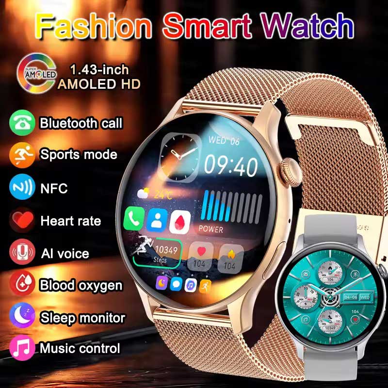 Smartwatch da donna NFC Schermo AMOLED Ossigeno nel sangue GPS Tracciamento Orologi Sportivi Assistente vocale Chiamata Quadrante personalizzato Smartwatch Uomo Donna
