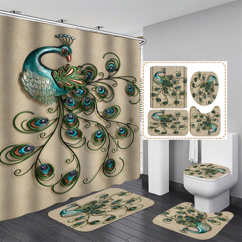 3D Print Shower Curtain Waterproof Polyester Bathroom Curtain Anti-slip Bath Mat Set Toilet Rugs Carpet Home Decor 4PCS